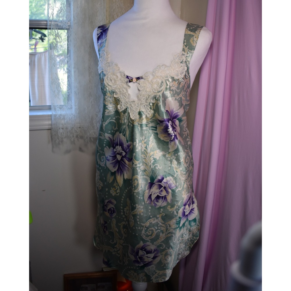 Floral Lace Slip Cami‎ Vintage Sage Green Purple Satin Chemise